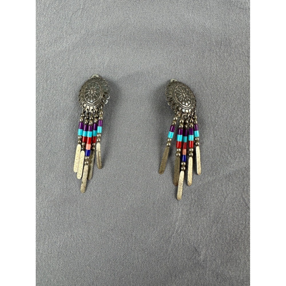 Southwestern Style‎ Clip On Earrings Silver Tone Beaded Dangle Fringe VTG